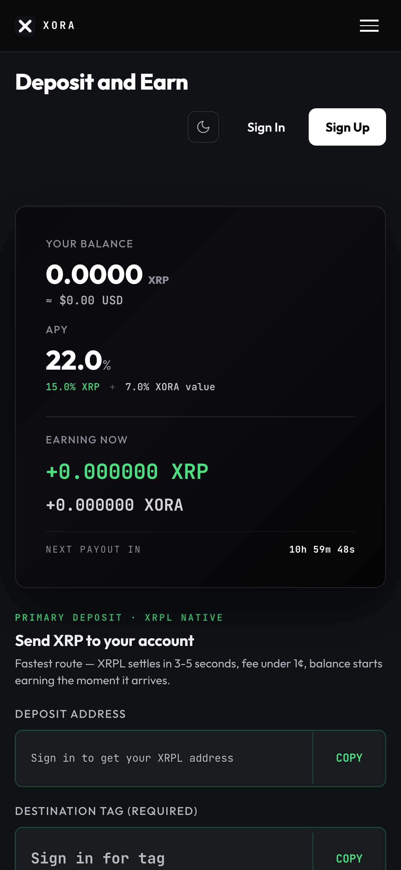 XORA deposit screen