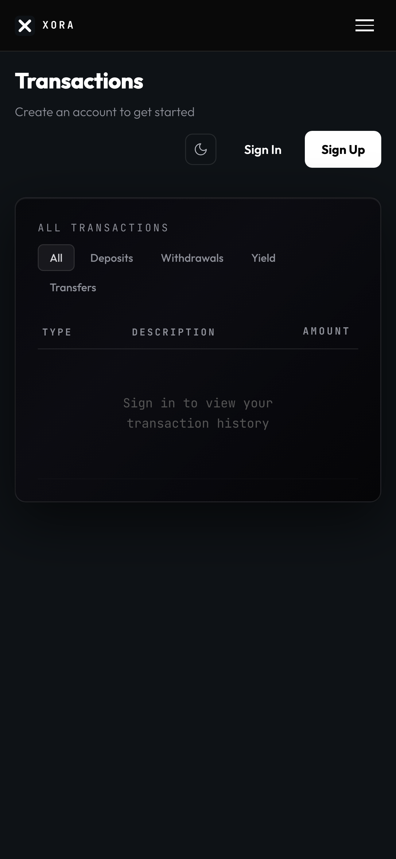 XORA transactions screen